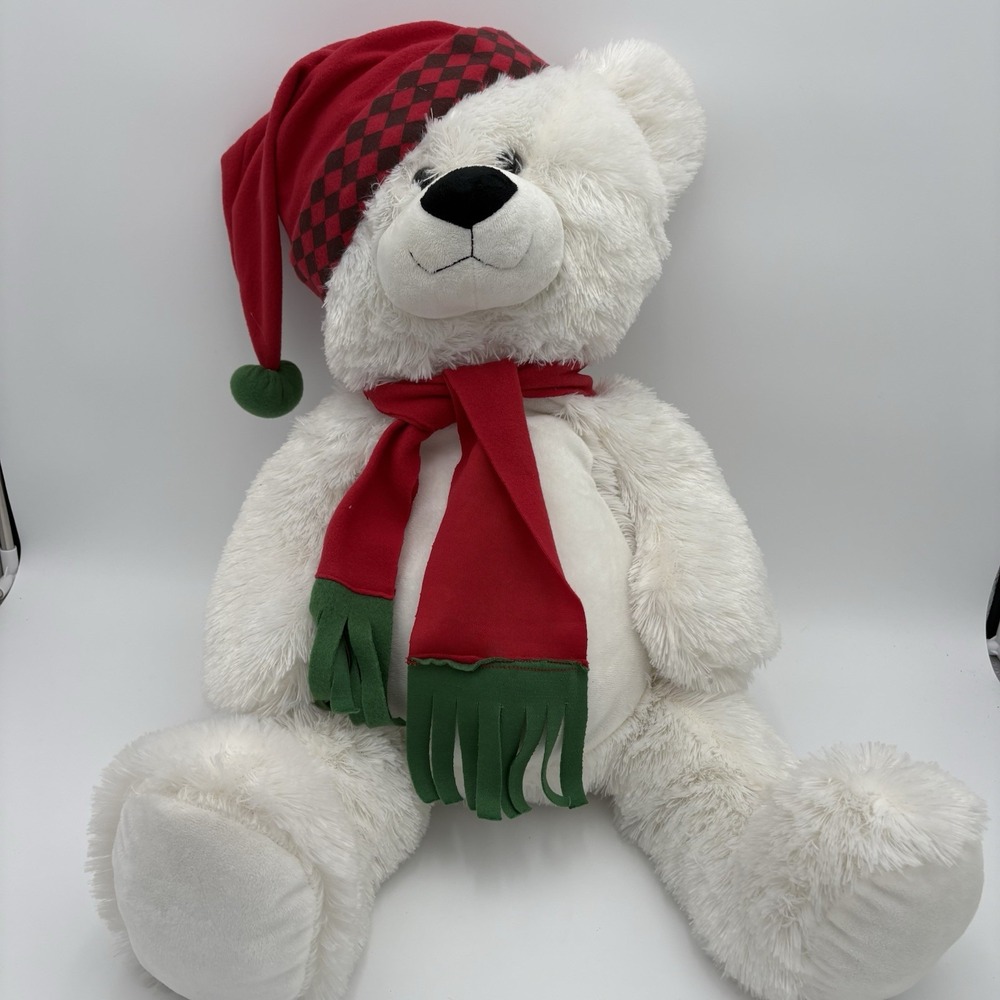 Christmas White Teddy Bear Red Green Scarf Hat‎ Toy Network Plush 36" Toy 2009